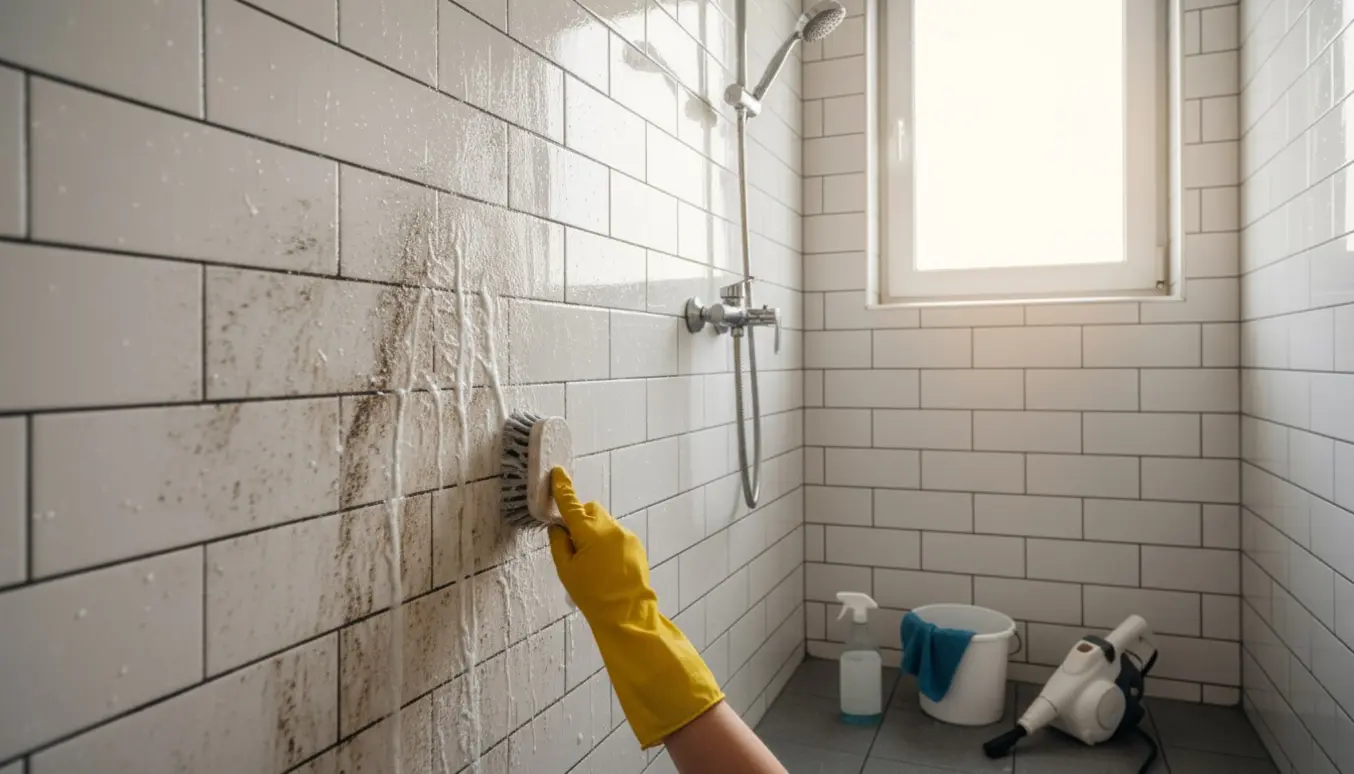Hænder i gule gummihandsker skrubber skimmel og kalk væk fra fliser i et lille bruserum.