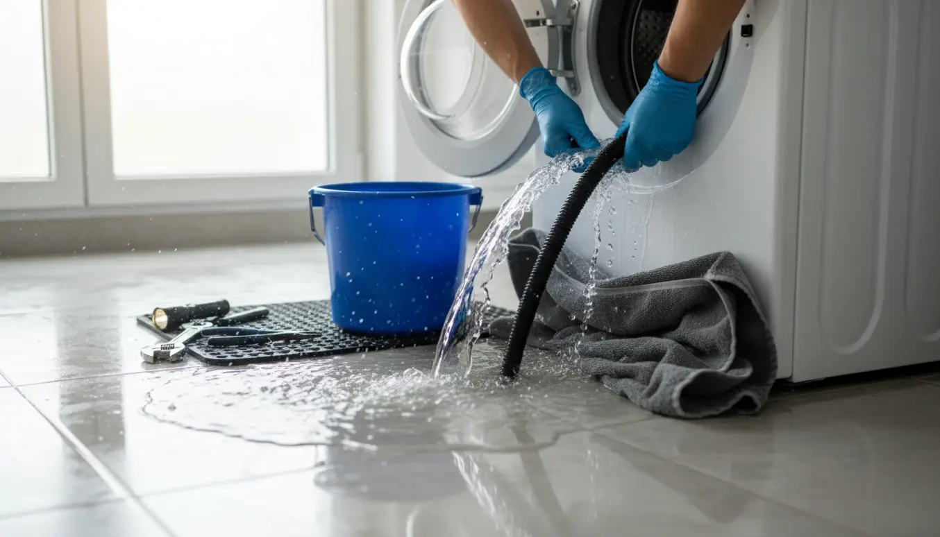 Vaskemaskine lækker vand ud fra bunden med åben bundplade, spand, værktøj og våde fliser.