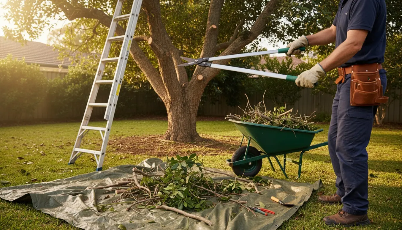 En person beskærer en høj nøddebusk med grensaks og sav, mens en stige og afklippede grene ligger samlet ved træets fod.