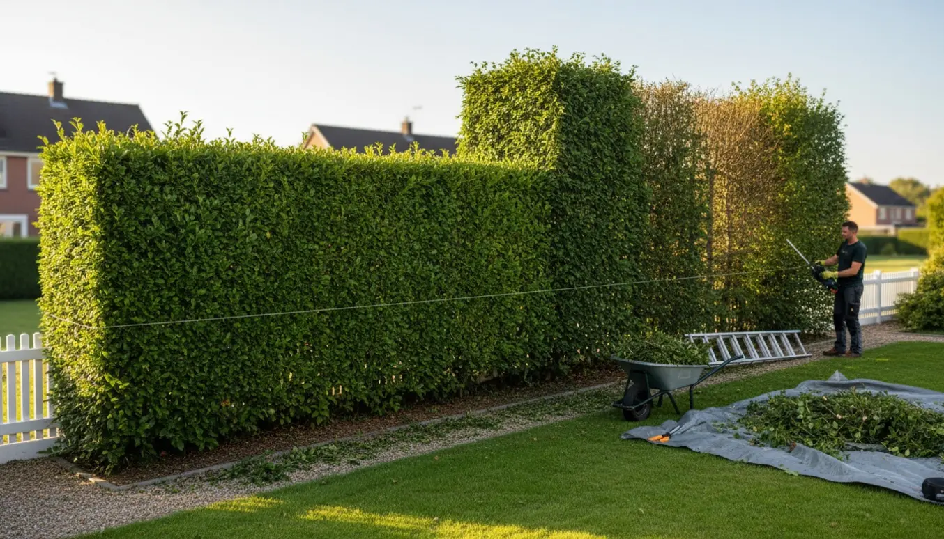 Omtrent 6 meter hæk med den ene side nytrimmet til en jævn lav højde, beskæringsværktøj og afklip samlet ved siden af.