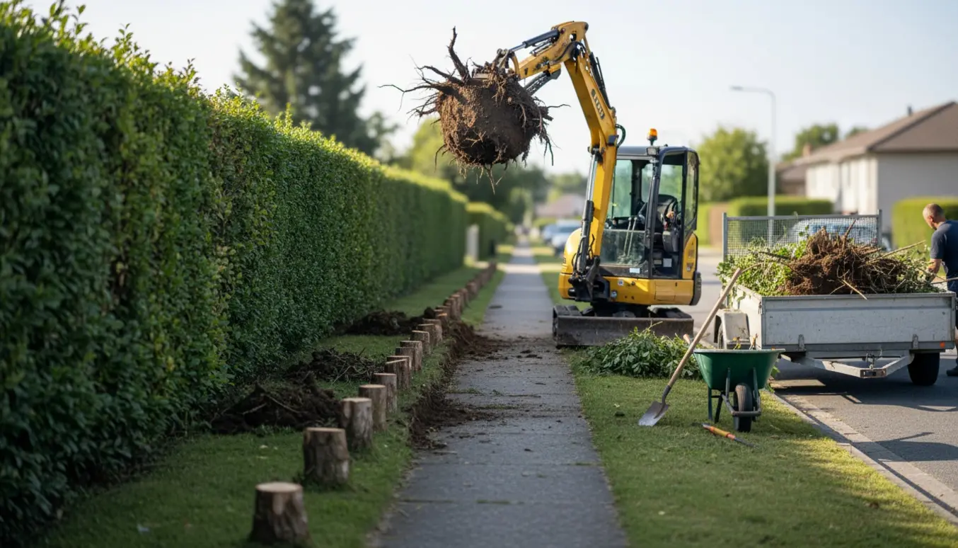 Mini gravemaskine fjerner hæk og rødder ved fortovet med trailer til bortskaffelse.