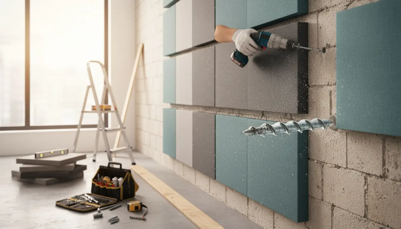 Hænder monterer akustikpaneler på en letbetonvæg med borehammer, vaterpas og værktøj ved siden af.