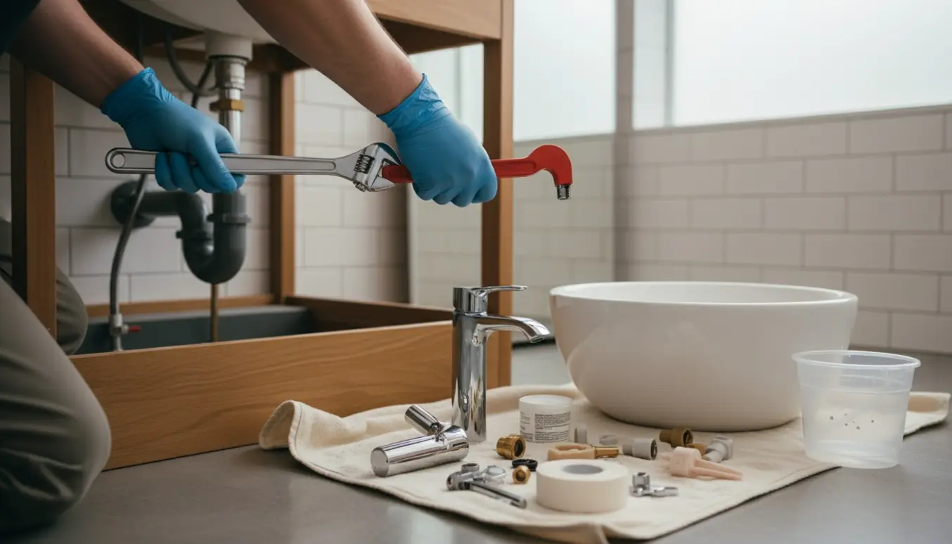 Hænder afmonterer en gammel håndvask og forbereder montering af en ny vask og blandingsbatteri i et lyst badeværelse.