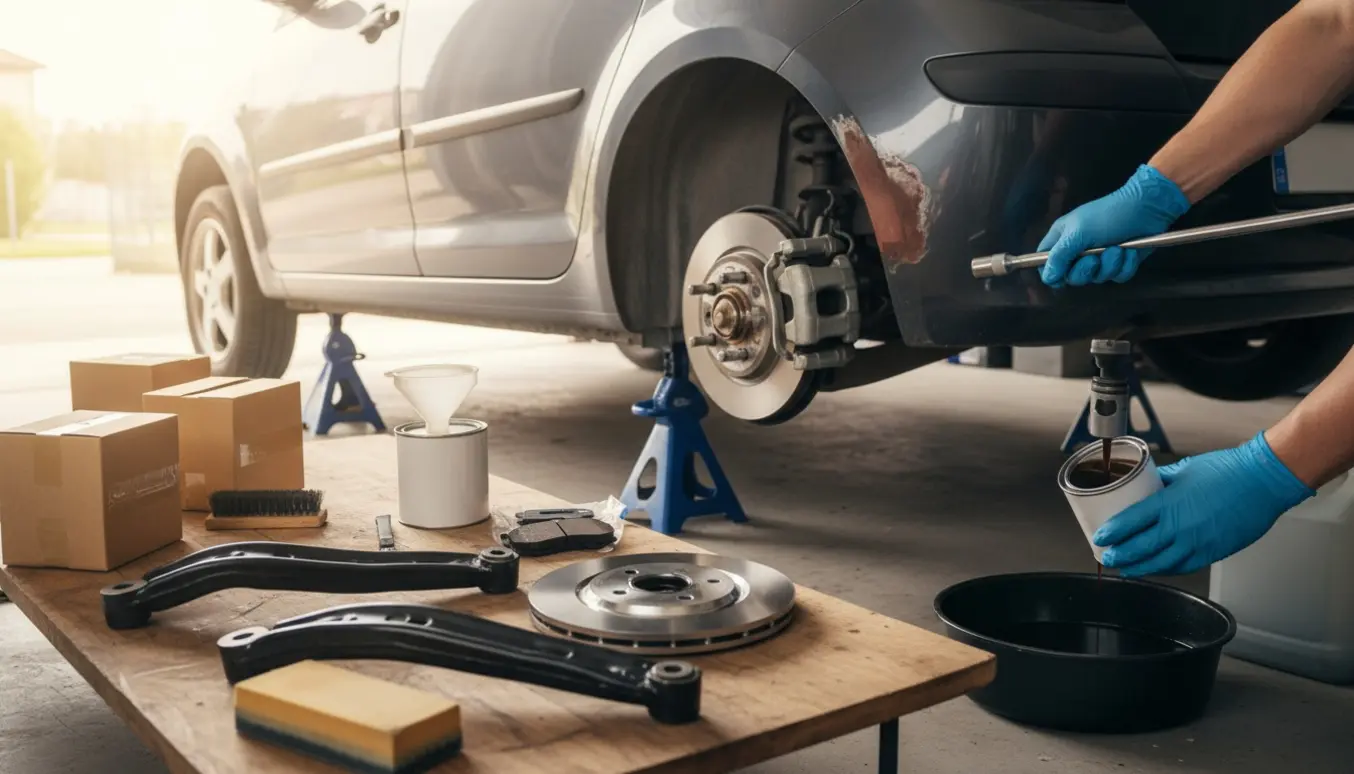 Bil på donkrafte med bagbremse eksponeret, nye reservedele og værktøj klar til olieskift og rustreparation.