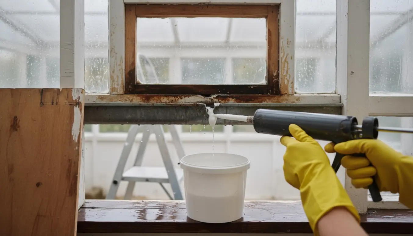Hænder med fugepistol tæt på en utæt tagrende over en udestue, med en spand der opsamler dryp.