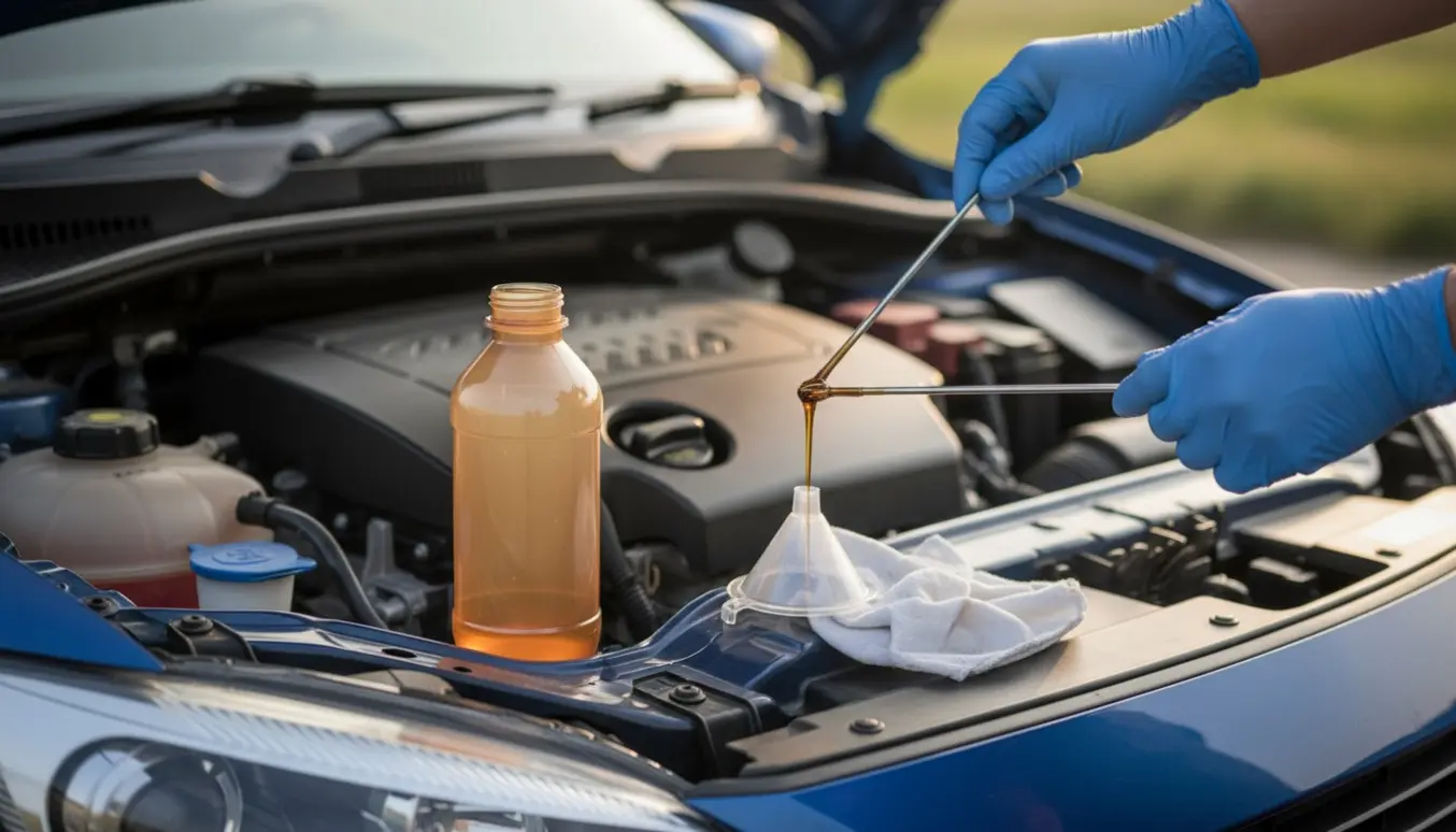 Hænder tjekker oliestanden på en åben bilmotor med oliestik, tragt og olieflaske i forgrunden.