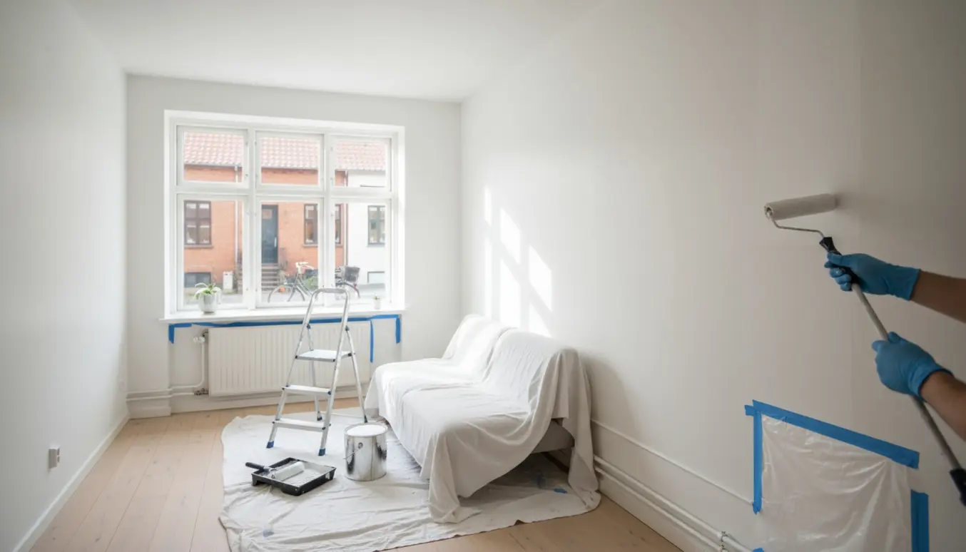 Hænder ruller hvid maling på væg og loft i en lille lejlighed, med gulv og lister dækket af plast.