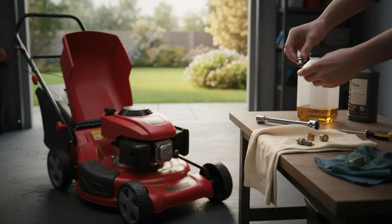 En garage med en benzinplæneklipper uden logo, åben motor og værktøj, hvor hænder undersøger et tændrør.