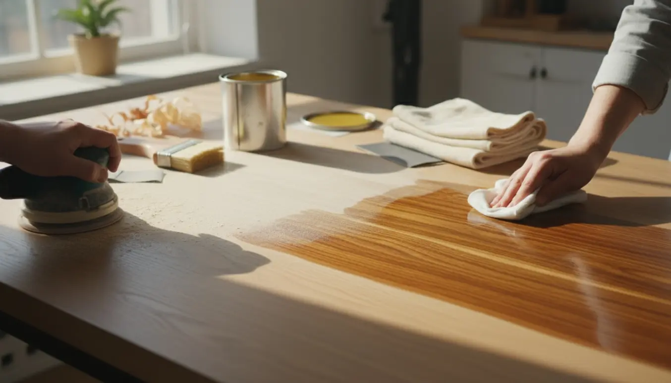 Nærbillede af et træbord, hvor den ene side er slebet og olieret, mens den anden er ru og plettet.