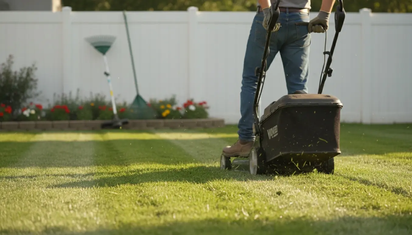 En person klipper en mellemstor villahave med en græsslåmaskine, set bagfra uden synligt ansigt.