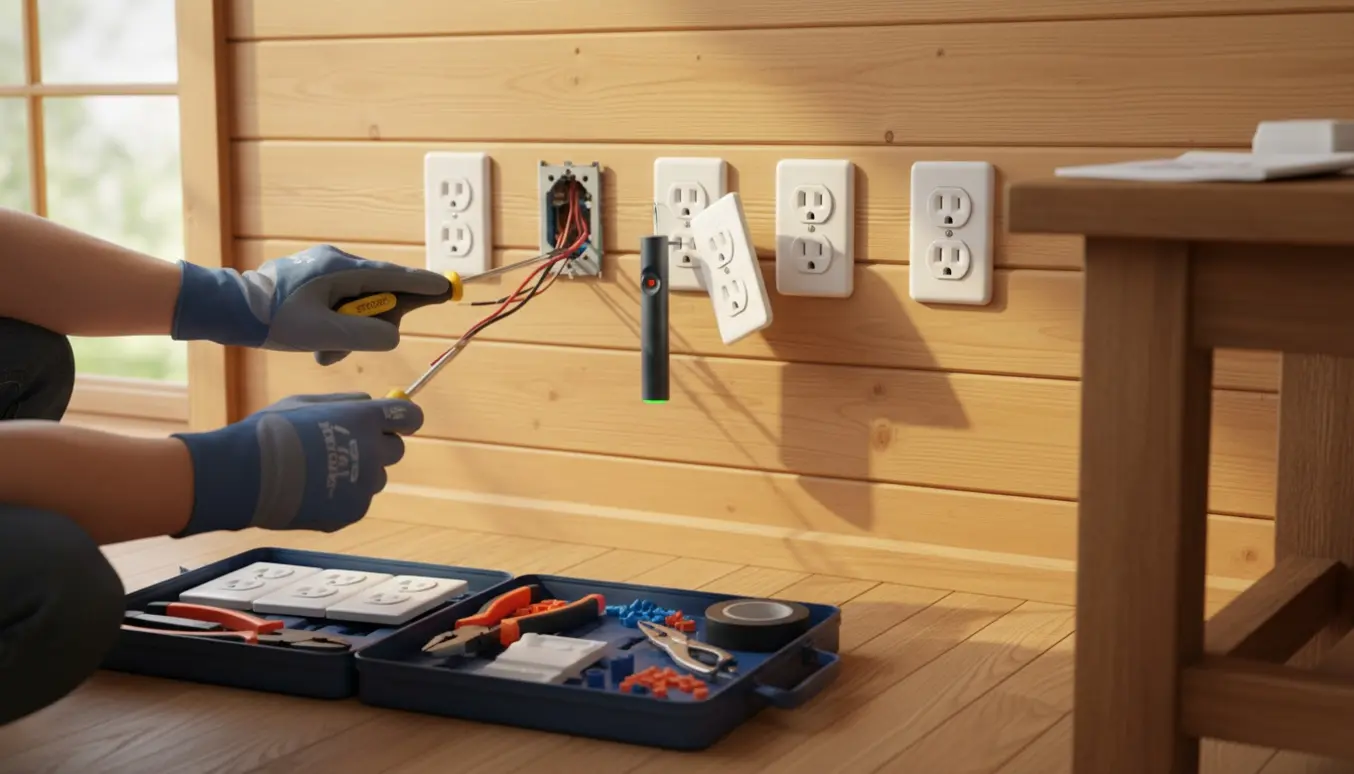 Hænder med skruetrækker og værktøj reparerer løse stikkontakter i et lyst træsommerhus.