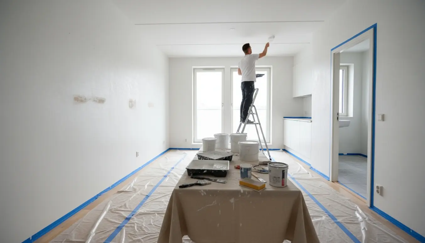 Lejlighed under fraflytningsmaling med beskyttede gulve, hvid maling, værktøj og en maler på en stige set bagfra.