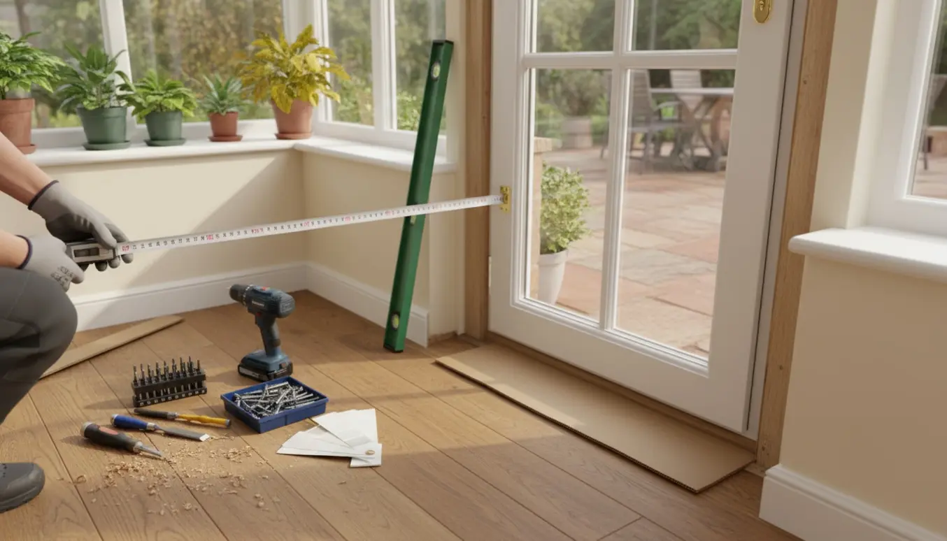 Hænder måler døråbningen til udestuen med målebånd, ny dør og værktøj klar ved siden af.