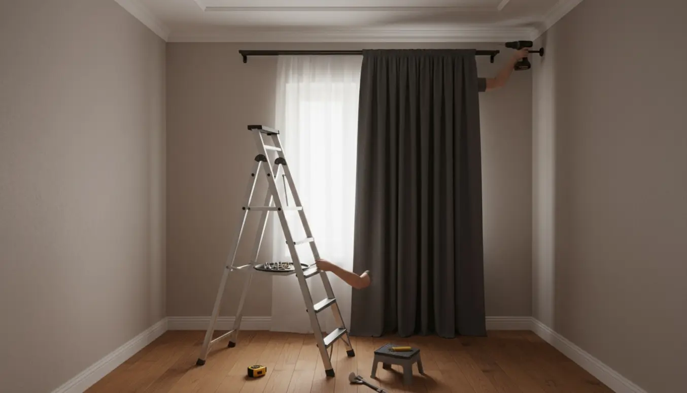 Hånter hængende mørklægningsgardin op fra en stige i et rum med højt til loftet.