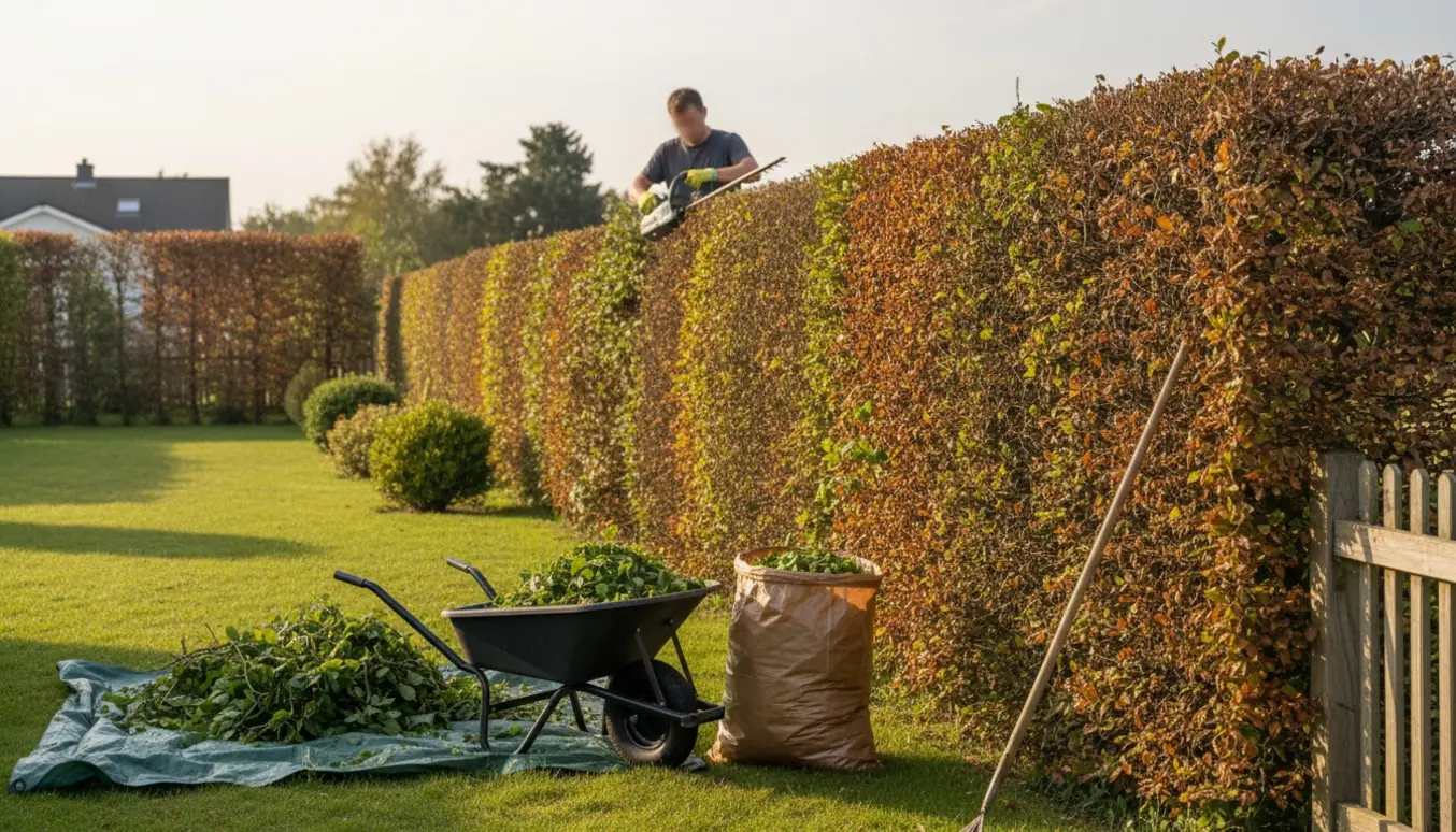 En person set bagfra trimmer en bøgehæk til omkring 2 meter højde, mens afklip samles i en trillebør.