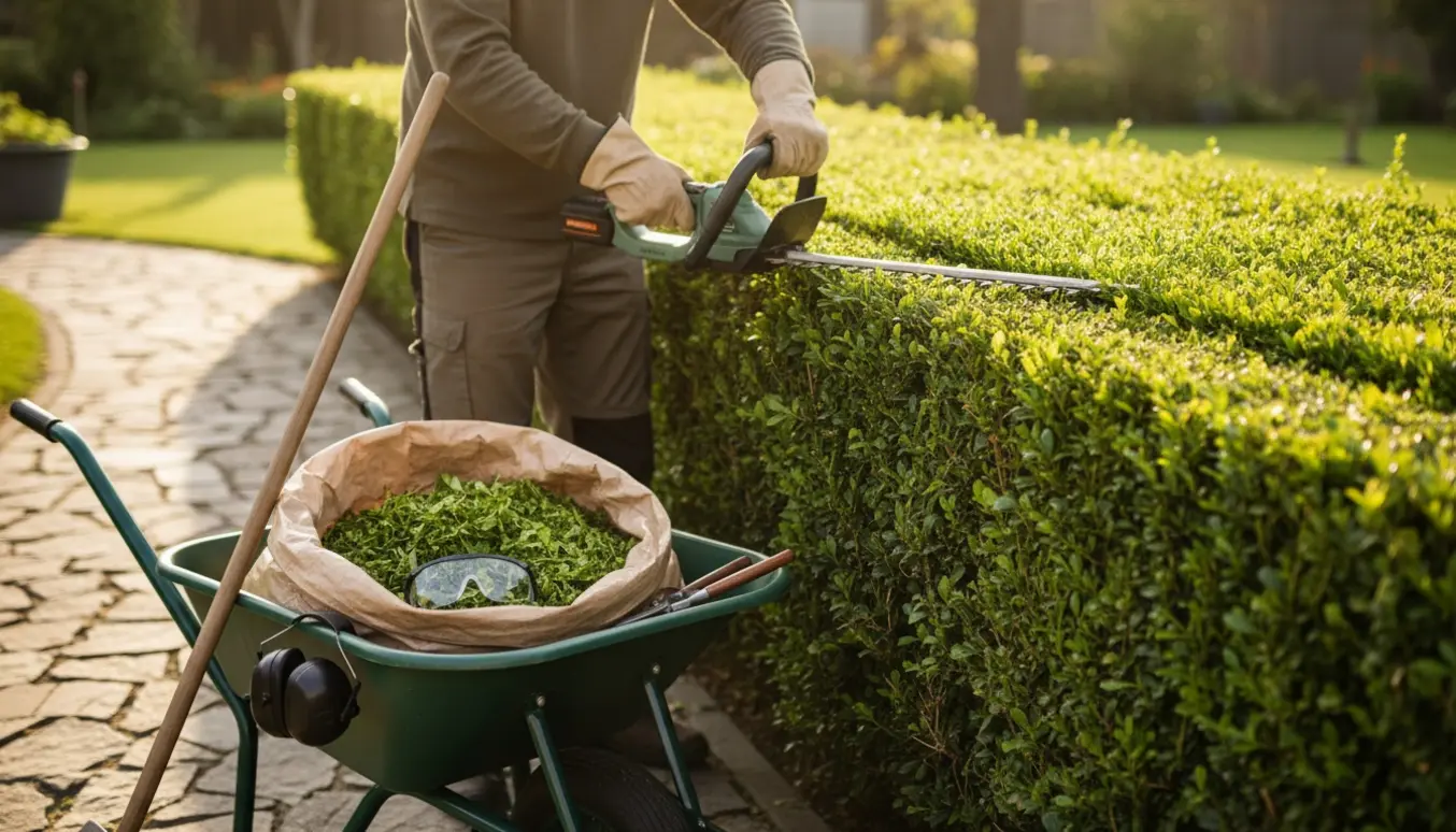 Nogen klipper en hæk med en trådløs hækkeklipper, og afklip samles i en skraldepose ved en trillebør.