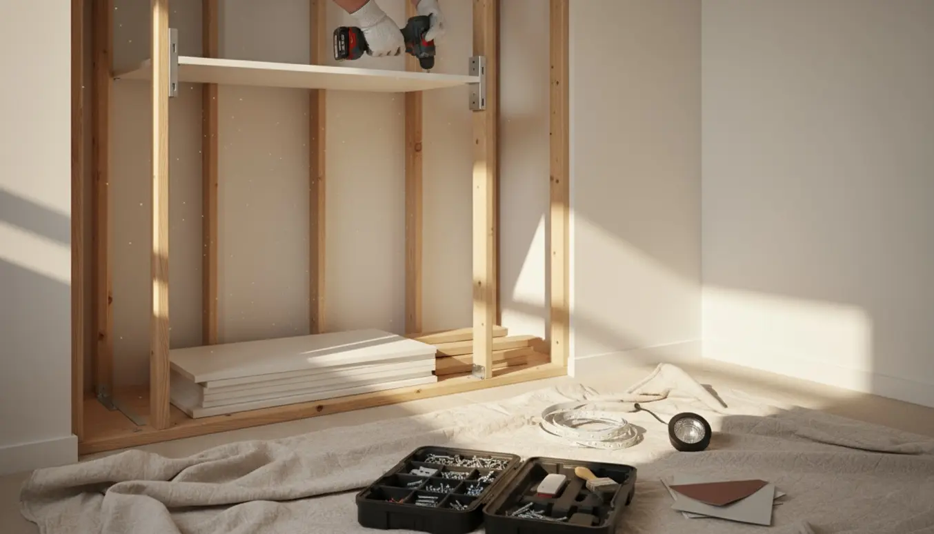 Indbygget klædeskab under renovering med nye hylder, værktøj og LED-lys klar til installation.