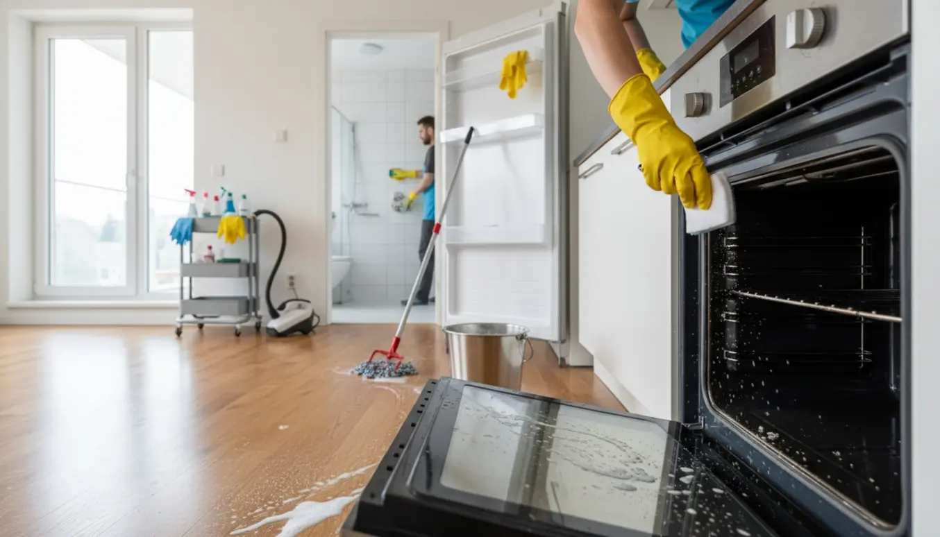Gloved hænder gør grundigt rent i køkken og badeværelse i en tom lejlighed.