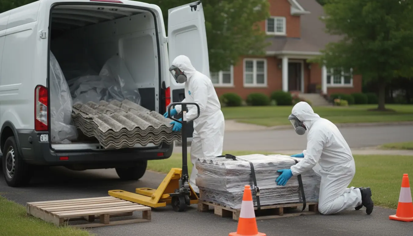 To arbejdere i beskyttelsesdragter pakker og læsser eternitplader i plastik på en varebil i en indkørsel.