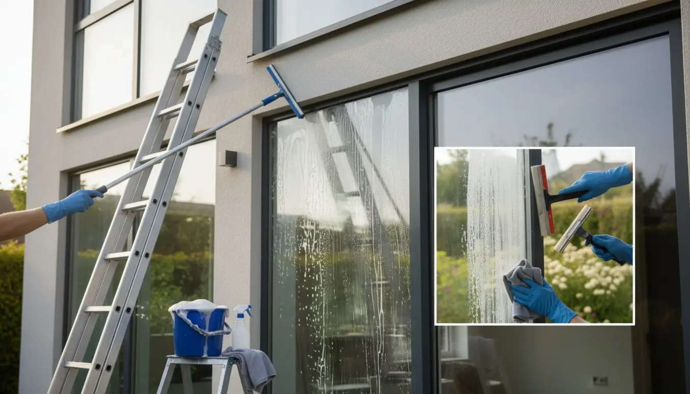 Udendørs og indendørs vinduespudsning med stige, spand og svaber på et moderne hus.