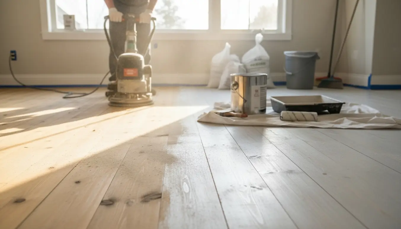 Lyst rum med slibning og hvidbehandling af et fyrretræsgulv, med værktøj og affaldsposer klar til bortskaffelse.