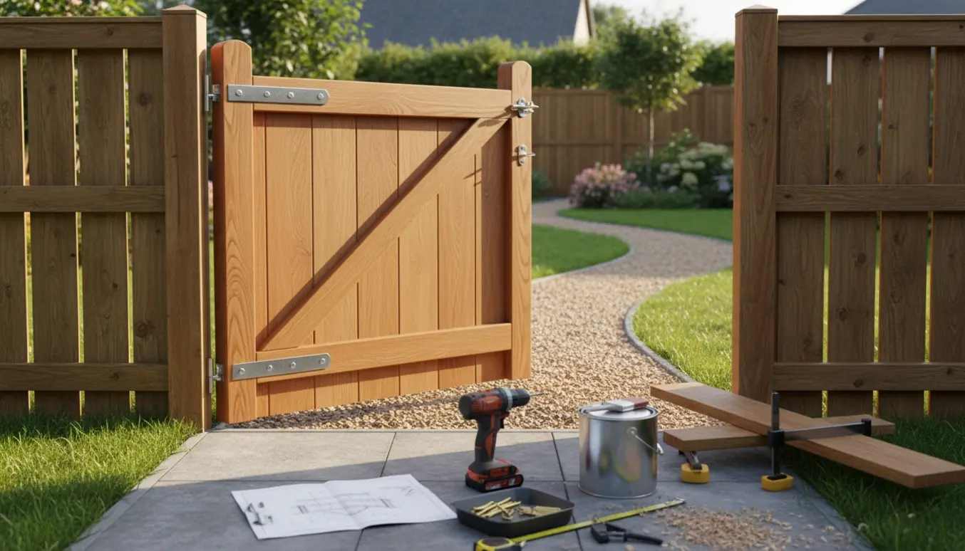 Ny træhavelåge i færd med montering ved et matchende hegn, omgivet af værktøj og materialer.