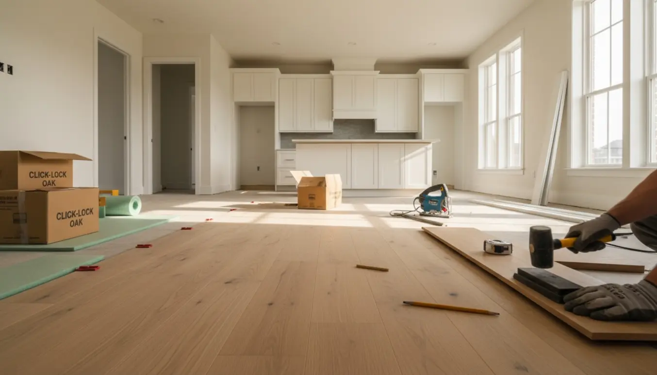 Halvfærdigt klikgulv i en lys, ryddet bolig med stakke planker, værktøj og afmonterede dørtrin ved en åben stue/køkken-løsning.