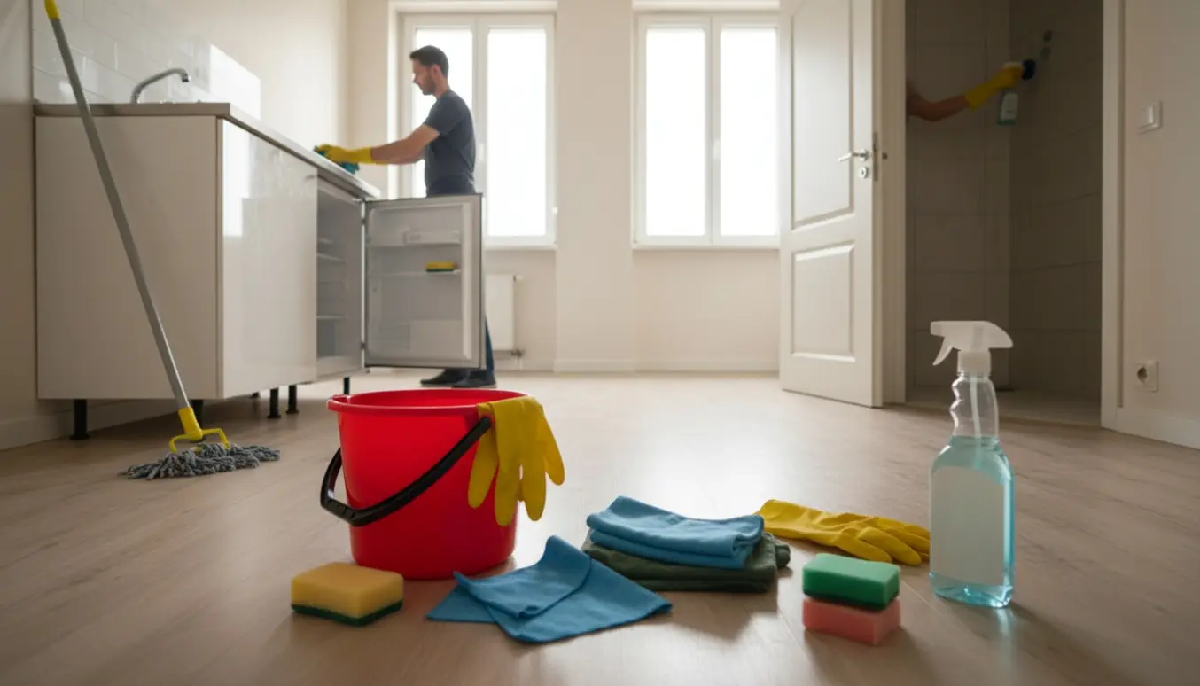 Handskerne hænder rengør åbent køleskab og fjerner kalk i badeværelset i en møbelløs studiolejlighed med to vinduer.