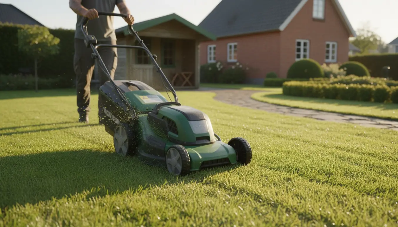 Plæneklipper i arbejde på en velplejet villagræsplæne i Nivå, set bagfra uden ansigt.