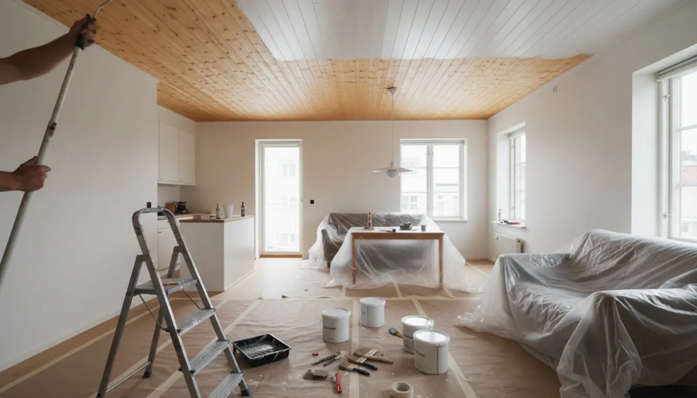 Interiørfoto af køkken og stue hvor et ludbehandlet fyrtræsloft og vægge males hvide, med møbler samlet og dækket til.