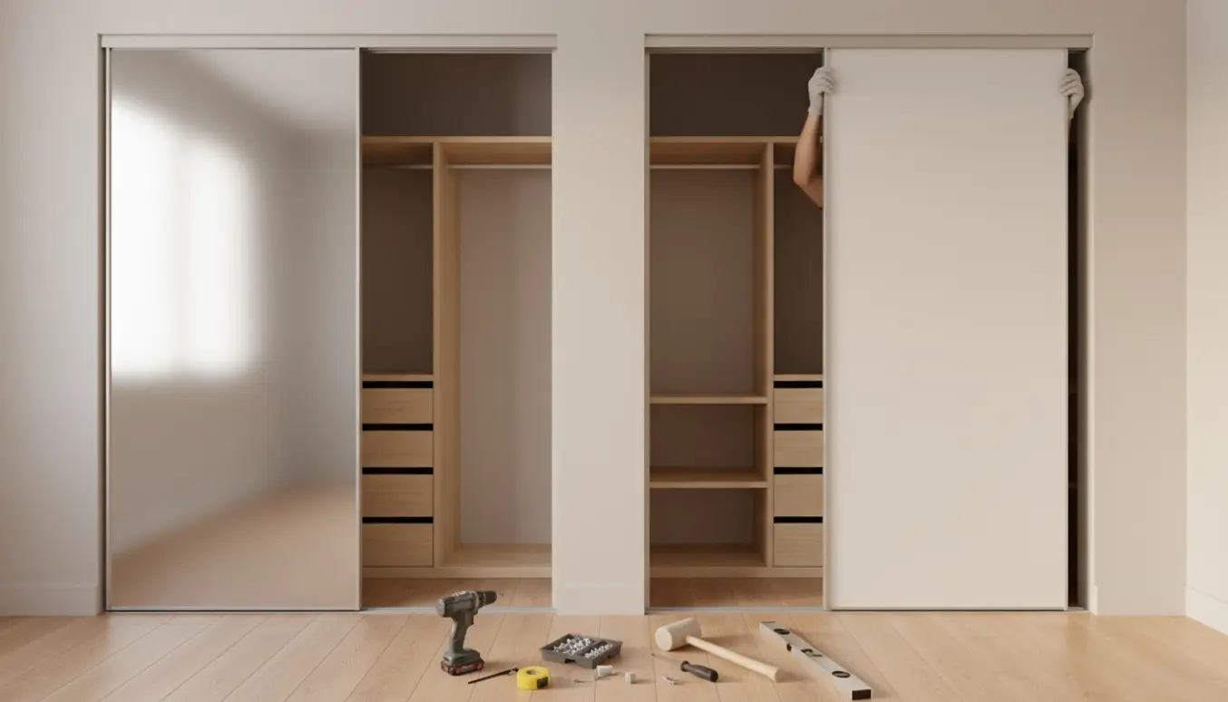Hænder monterer skydedøre på to indbyggede skabe, hvor den ene dør er en spejldør.