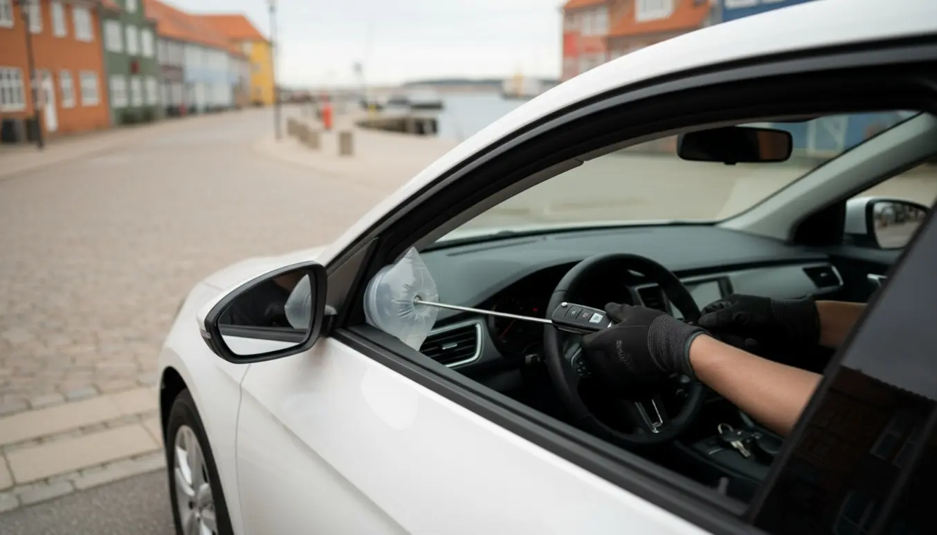 Hænder bruger en kile og et langt redskab gennem en dørsprække for at nå en ekstra bilnøgle på passagersædet.