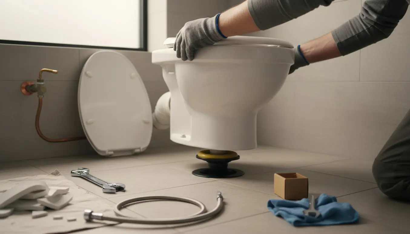 Et nyt, enkelt toilet monteres på badeværelsets flisegulv med værktøj omkring og installatørens hænder i fokus.