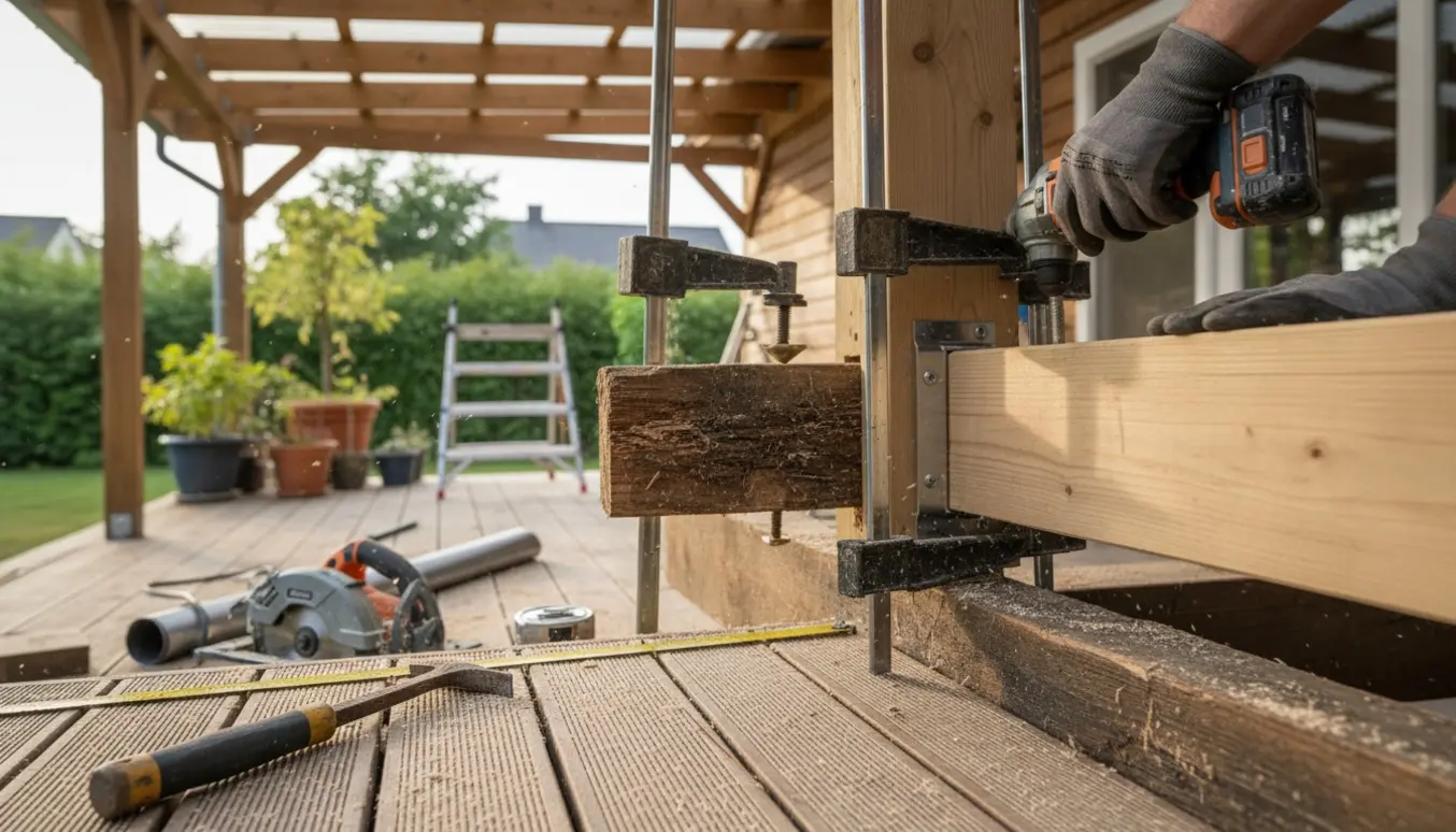 Udskiftning af yderste bjælke på en overdækket terrasse med nyt trykimprægneret træ og værktøj.