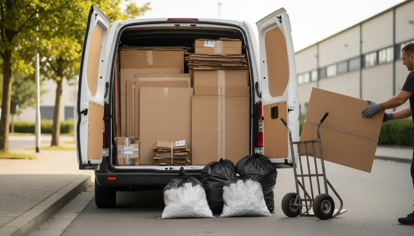 En varevogn med åben ladning af fladpakkede papstykker og to sække fyldt med flamingo klar til afhentning.