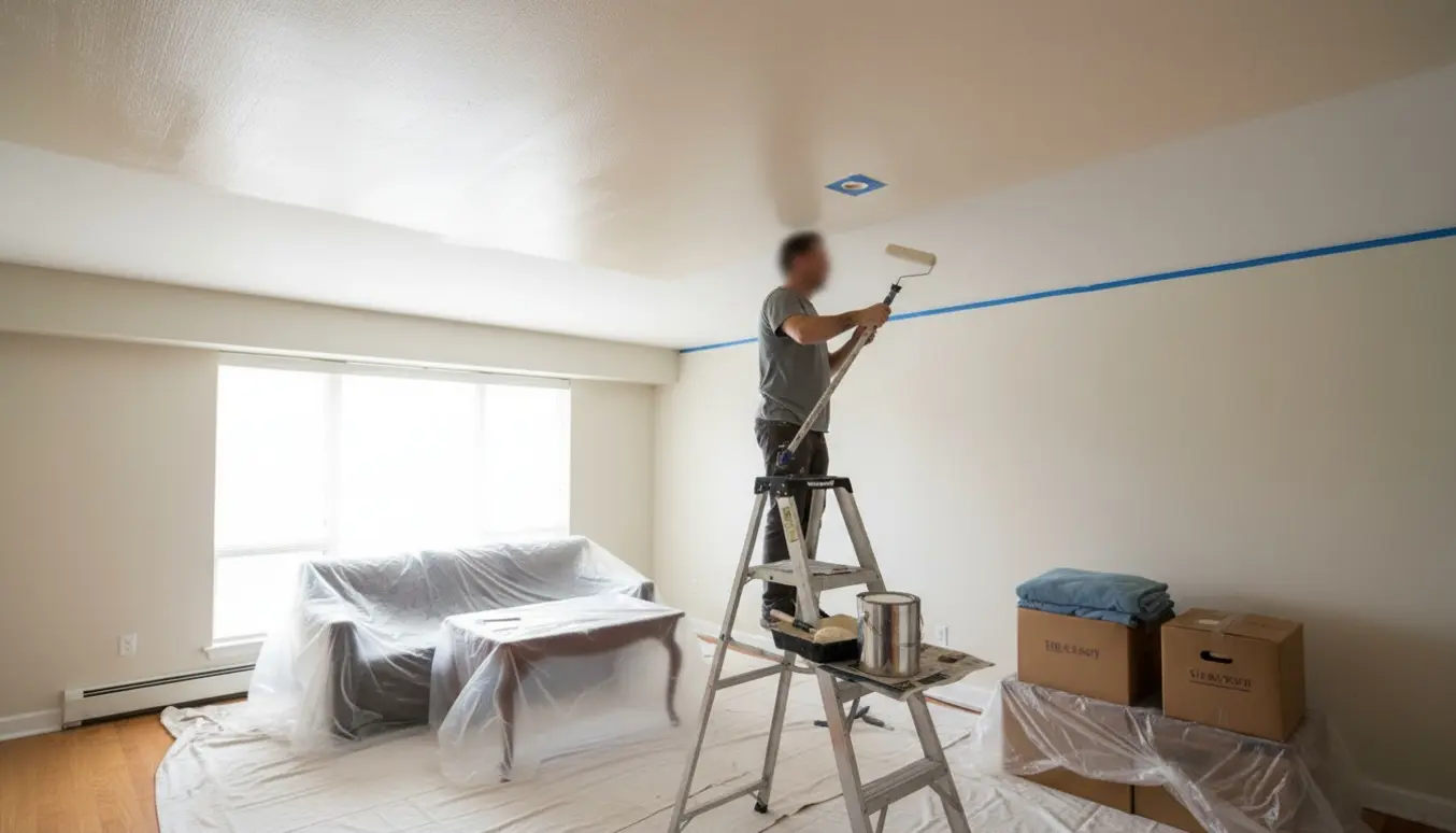 Loft males i en lejlighed klar til fraflytning, med afdækkede møbler og en maler på stige uden synligt ansigt.