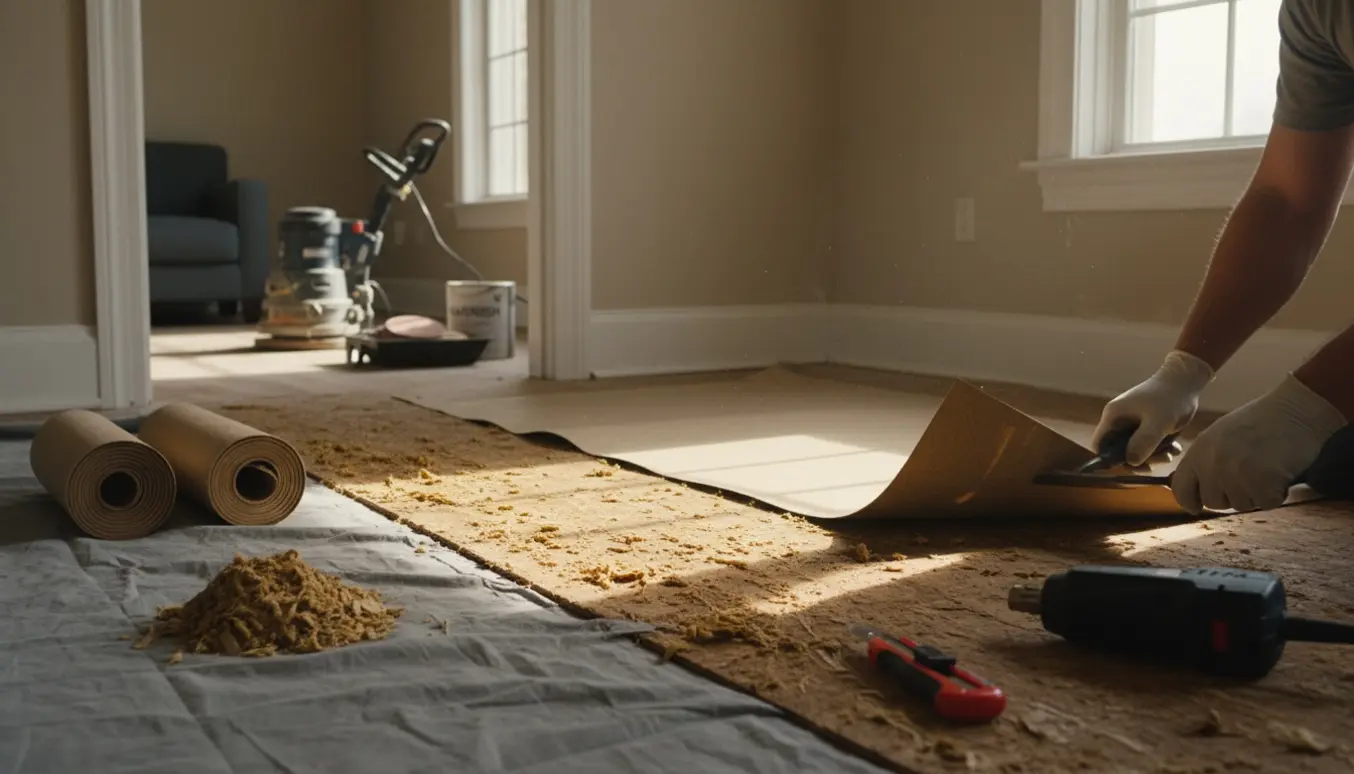 Partielt fjernet linoleum afslører masonitplader, med håndværktøj, rullet linoleum og slibemaskine i baggrunden klar til gulvafslibning og lakering.