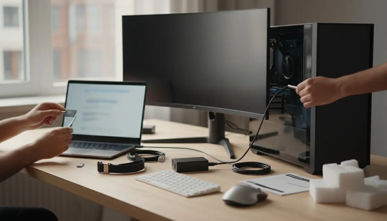 Hænder tilslutter kabler og indsætter en SSD ved en ny bærbar og en åben stationær pc på et lyst skrivebord.