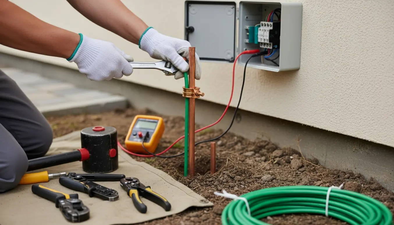 Hænder forbinder og måler et jordspyd med en grøn-gul jordkabel ved en åben eltavle.