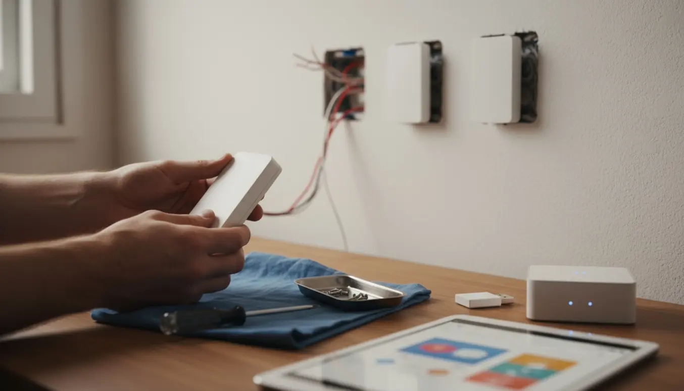 Hænder installerer en Zigbee-kompatibel smart dimmer i en vægboks med værktøj og en sløret tablet med smart-home-interface i baggrunden.