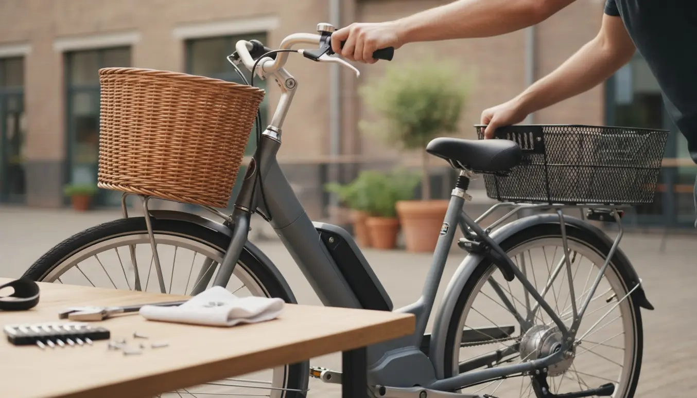 Nærbillede af elbycykel hvor styr spændes fast, for- og bagkurv monteres og en lås sættes på.