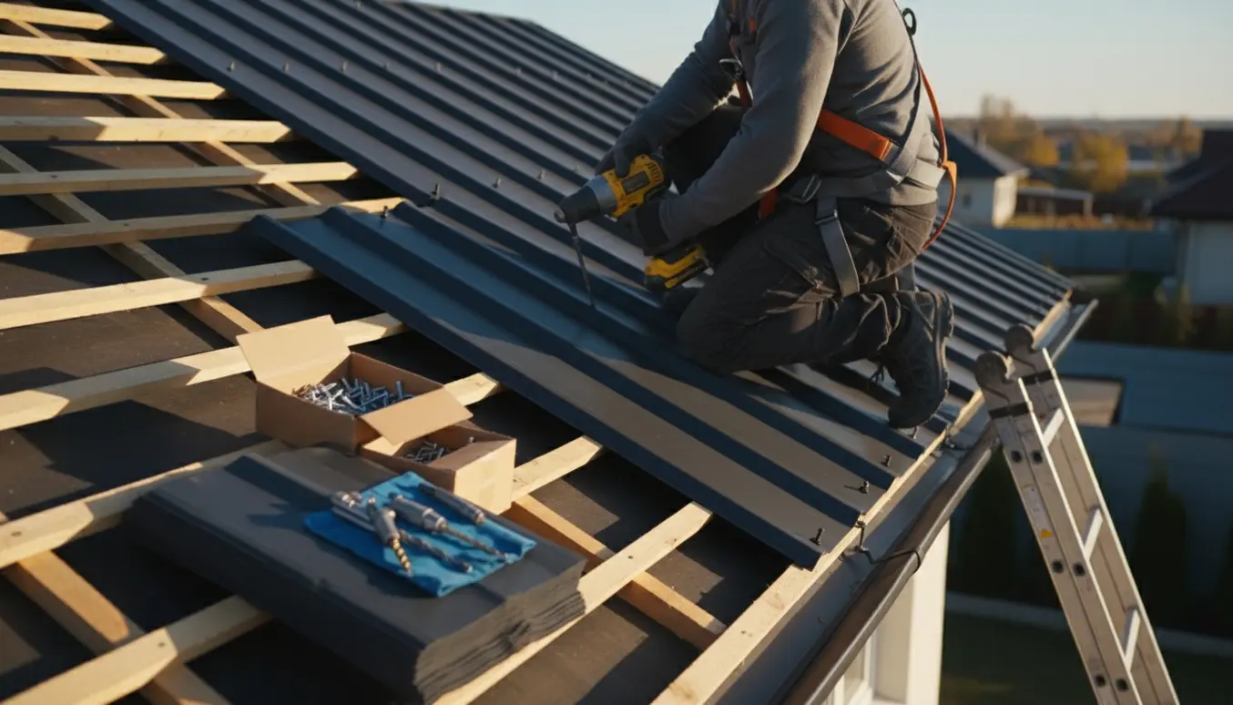 Håndværker skruefastgør nye ståltagplader på trælægter med skruer og værktøj på taget.