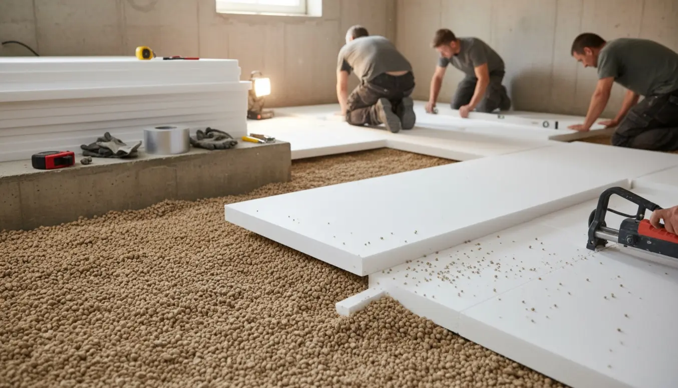 To lag hvide isoleringsplader lægges på udjævnet lecanødder i en udgravet kælder, en håndværker skærer pladen med en flamingoskærer.