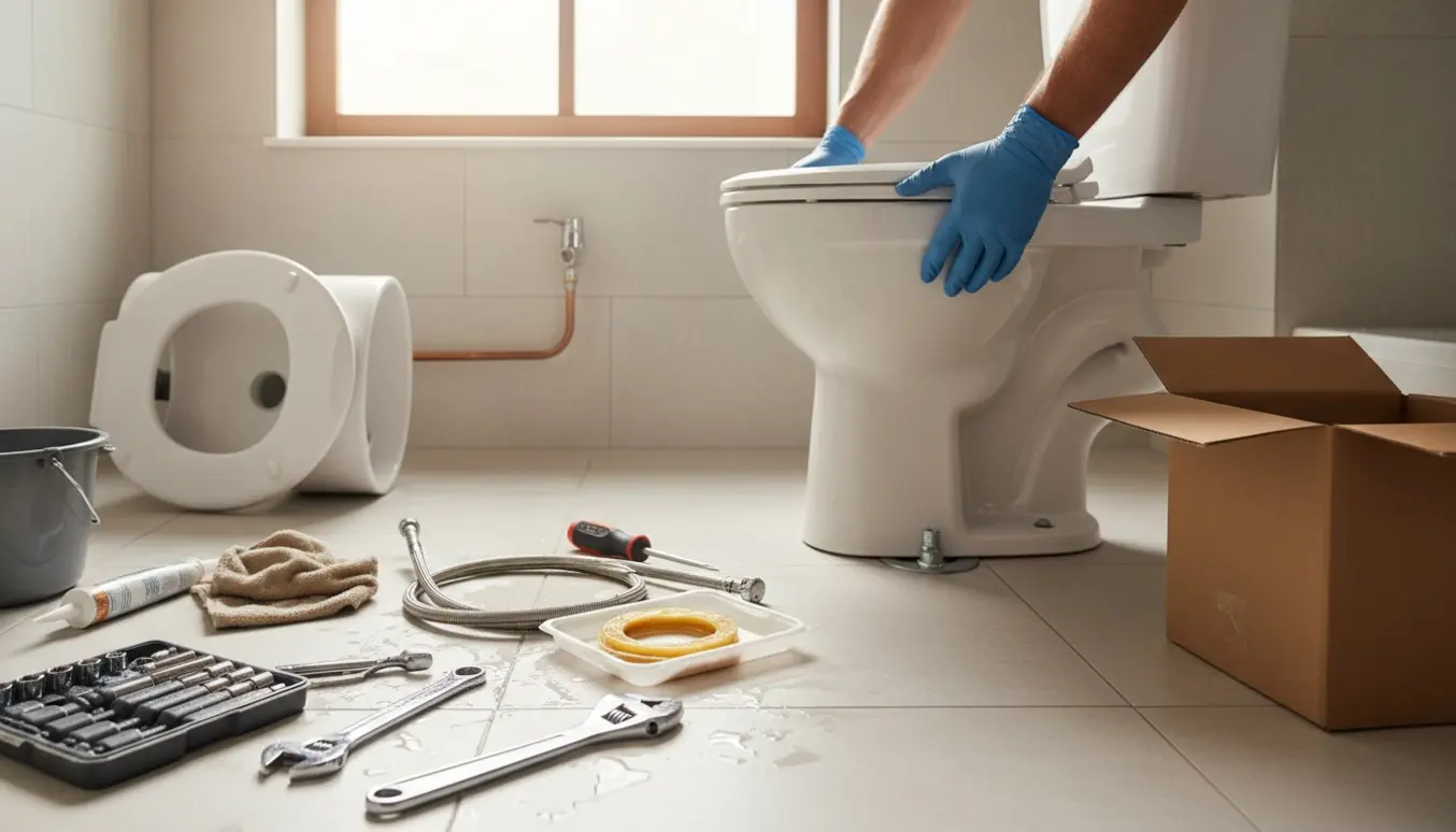 Udskiftning af toilet i lyst badeværelse med nye toiletdele og værktøj på fliserne.