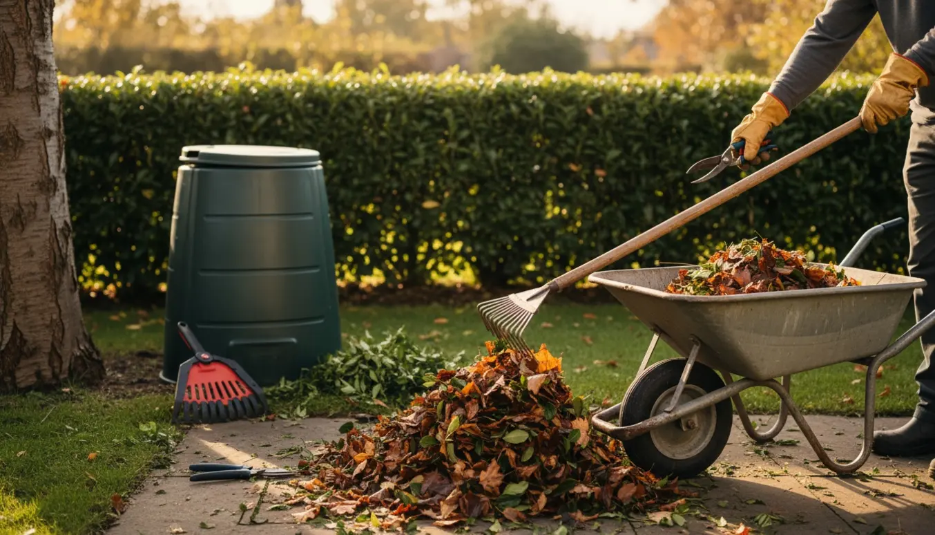 En person samler visne blade og hækaffald i en trillebør i en lille have.