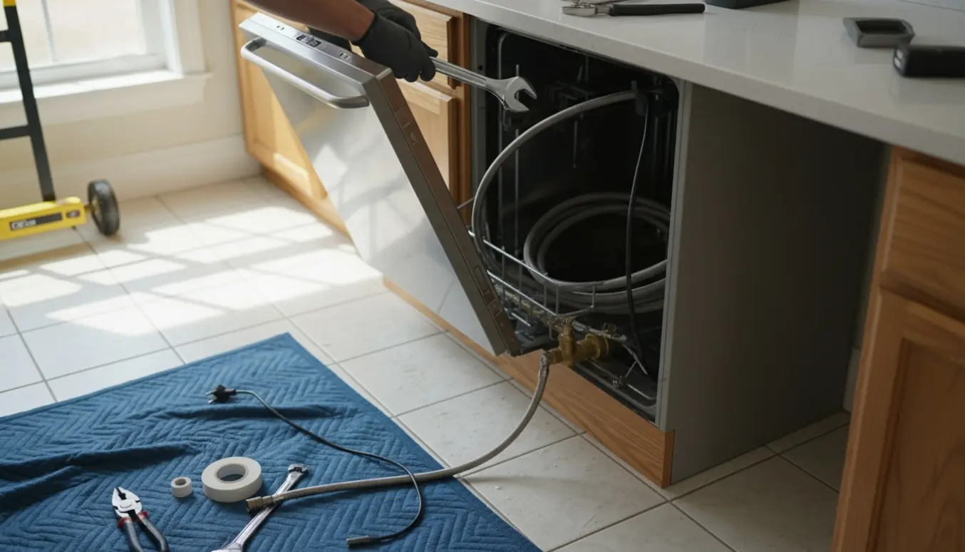 Hænder løsner vandforbindelsen på en trukket opvaskemaskine i et køkken, med slanger og værktøj klar til afmontering.