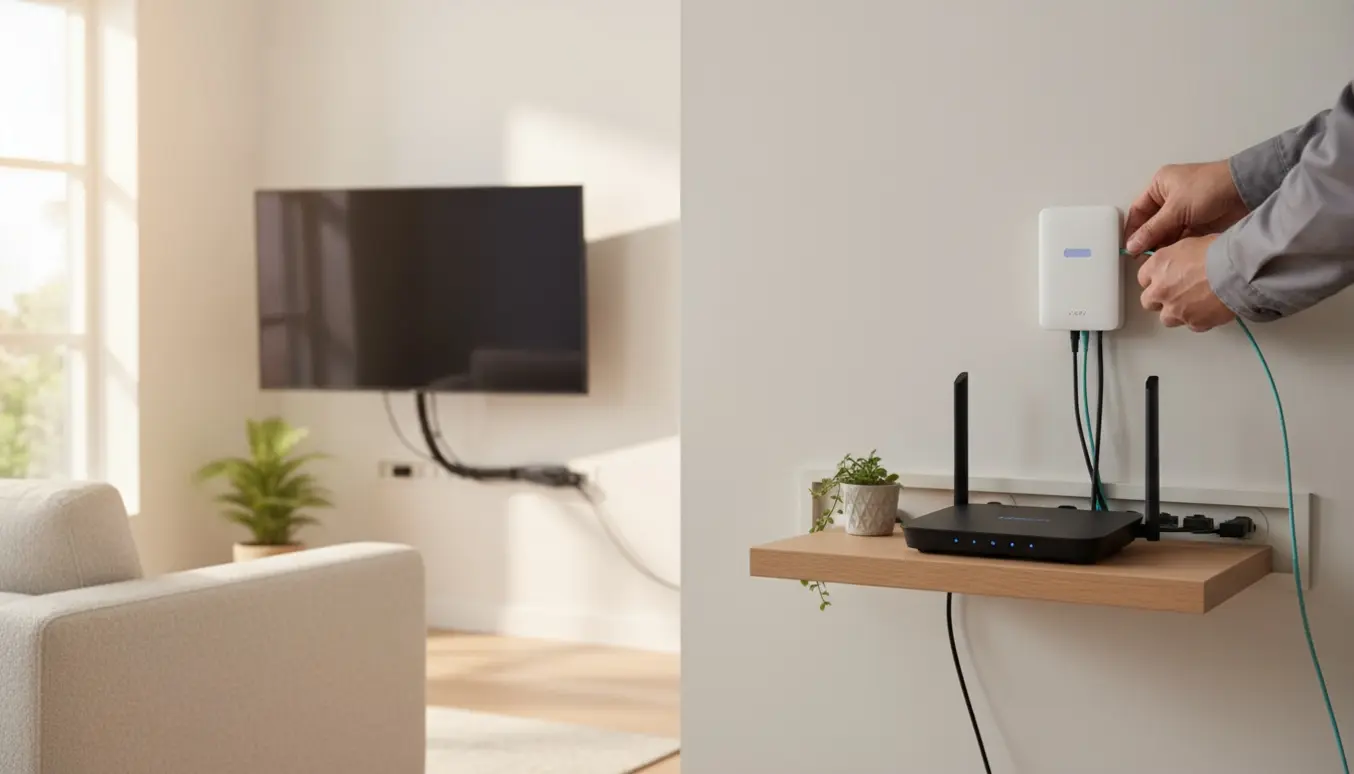 En tekniker tilslutter et fiberkabel til en hjemme-ONT ved siden af et vægmonteret tv i en lys, moderne stue.