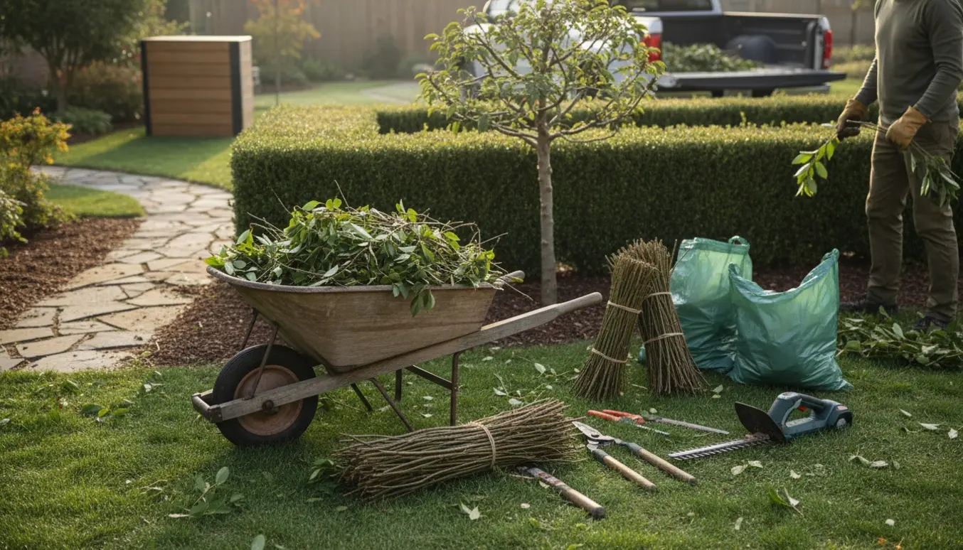 Nyklippede hække og trægrene samlet i en trillebør og grønne haveaffaldssække i en solrig have.