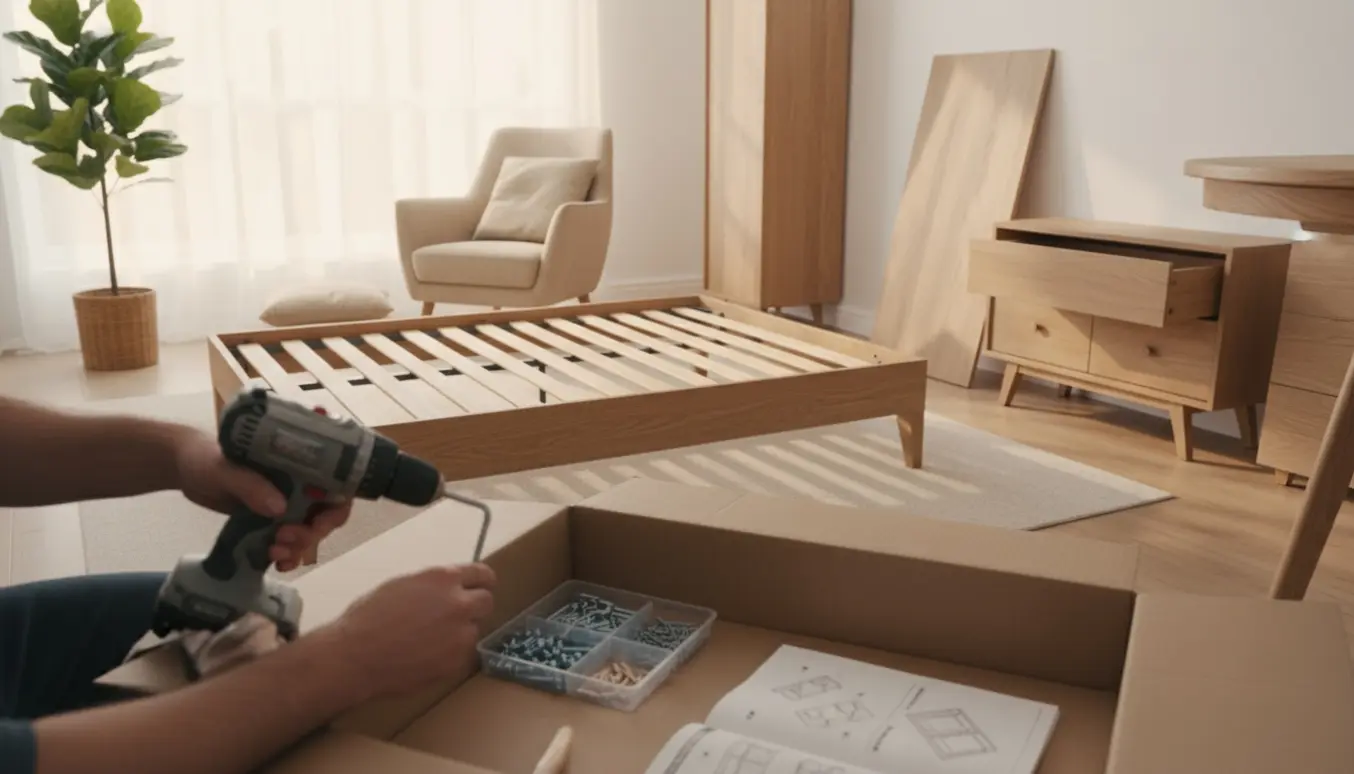 Delvist samlede møbler i en stue med seng, kommode, skab, lænestol og spisebord samt værktøj på gulvet.