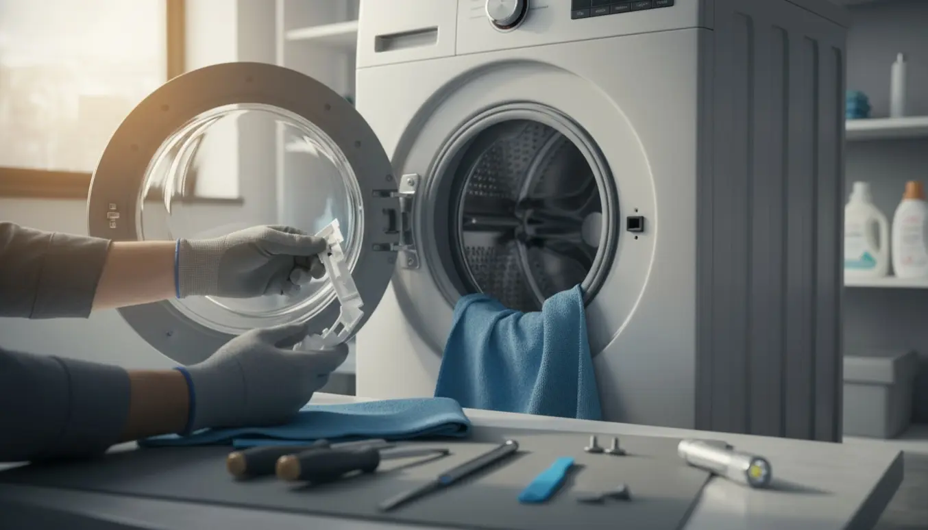 Ødelagt låseclips fra en frontbetjent vaskemaskine på et arbejdsunderlag med værktøj i et lyst vaskerum.